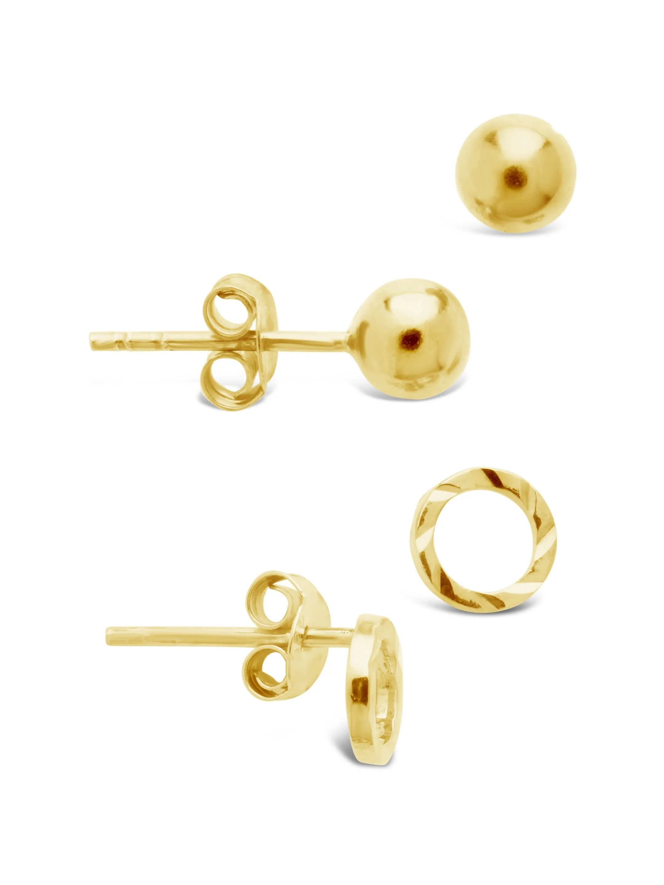 Sterling Silver Sphere & Textured Circle Stud Earring Set of 2