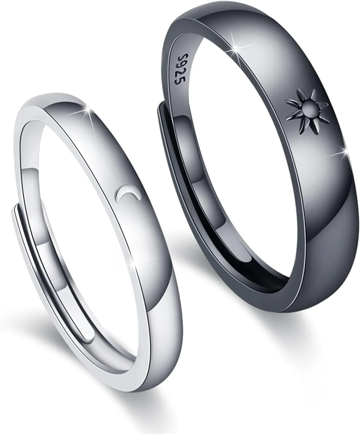 Sun and Moon Couple Rings 2pc 925 Sterling Sliver Engagement Couple Rings Adjustable Couple Matching Rings Engagement Wedding Band Set for Couples Him and Her Blake and White Promise Couple Ring