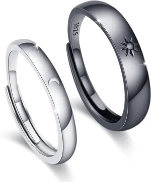 Sun and Moon Couple Rings 2pc 925 Sterling Sliver Engagement Couple Rings Adjustable Couple Matching Rings Engagement Wedding Band Set for Couples Him and Her Blake and White Promise Couple Ring