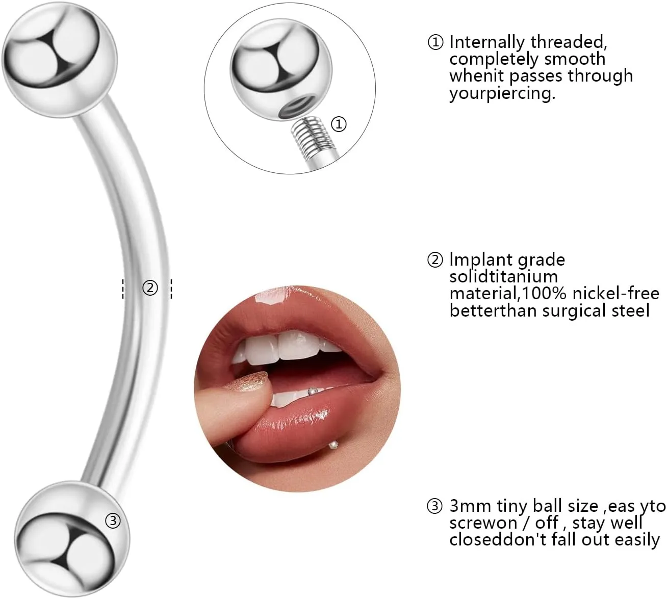 Surgical Stainless Steel Curved Barbell Eyebrow Tragus Helix Ear Belly Lip Ring Body Piercing Jewelry Set - Silver, Gold, Rose Gold, Multicolor, Blue, Black - Stylish Eyebrow Rings for Women, Vertical Labret Lip Piercing Included