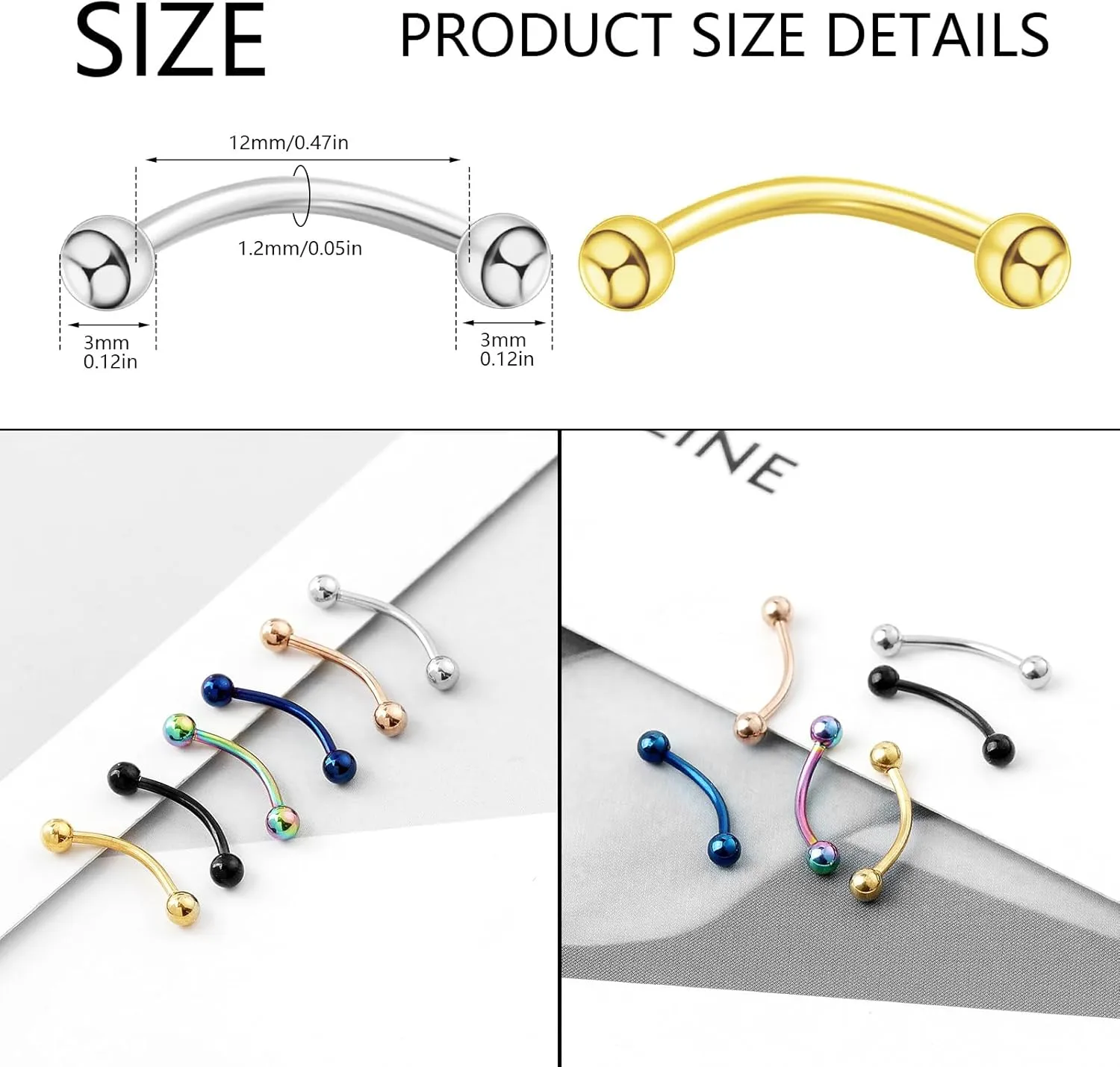 Surgical Stainless Steel Curved Barbell Eyebrow Tragus Helix Ear Belly Lip Ring Body Piercing Jewelry Set - Silver, Gold, Rose Gold, Multicolor, Blue, Black - Stylish Eyebrow Rings for Women, Vertical Labret Lip Piercing Included
