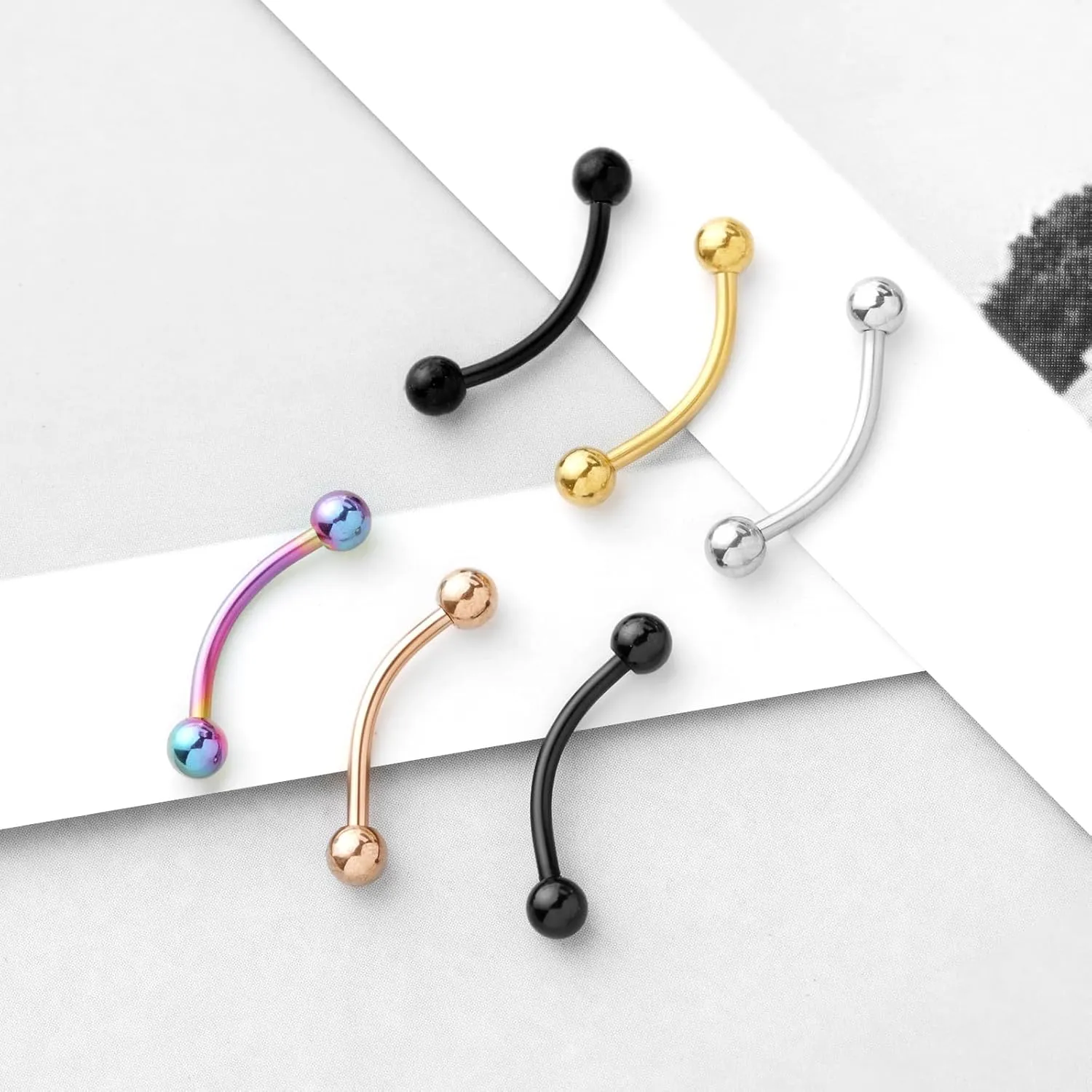 Surgical Stainless Steel Curved Barbell Eyebrow Tragus Helix Ear Belly Lip Ring Body Piercing Jewelry Set - Silver, Gold, Rose Gold, Multicolor, Blue, Black - Stylish Eyebrow Rings for Women, Vertical Labret Lip Piercing Included