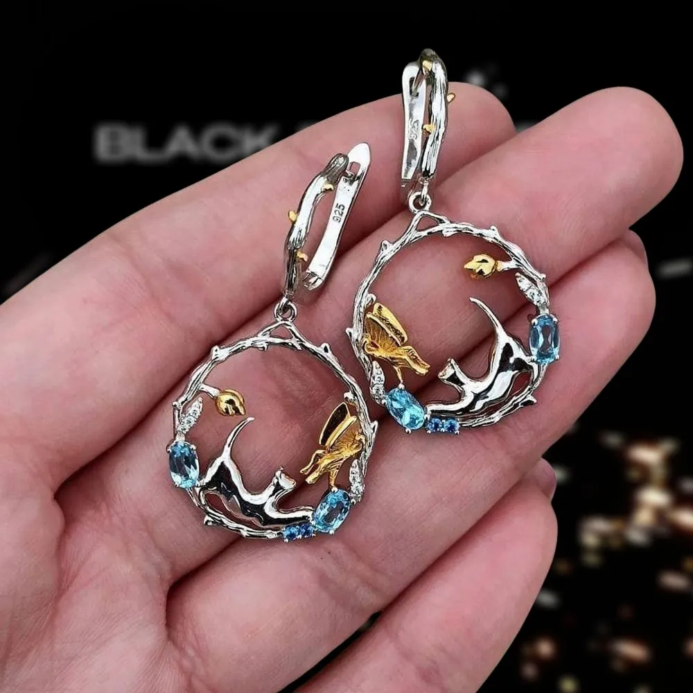 Swiss Blue Topaz Cat and Cupid Drop Earrings