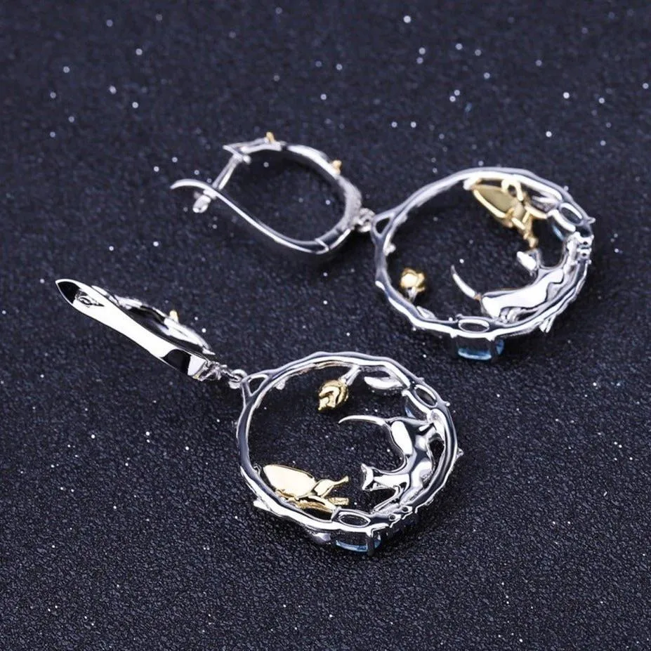 Swiss Blue Topaz Cat and Cupid Drop Earrings