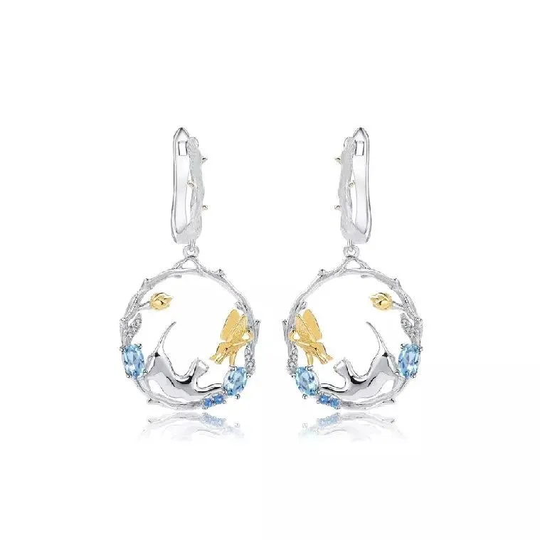 Swiss Blue Topaz Cat and Cupid Drop Earrings