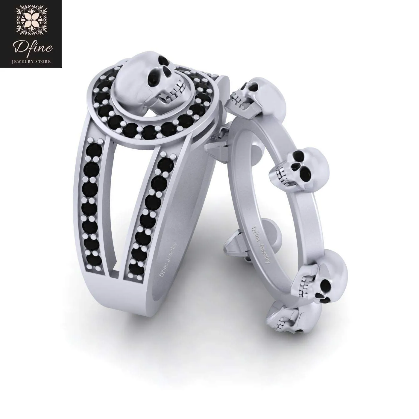 Symbol Of Death Skull Ring Black Diamond Skull Gothic Matching Engagement Ring Band Set For Couple 925 Sterling Silver