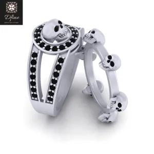 Symbol Of Death Skull Ring Black Diamond Skull Gothic Matching Engagement Ring Band Set For Couple 925 Sterling Silver