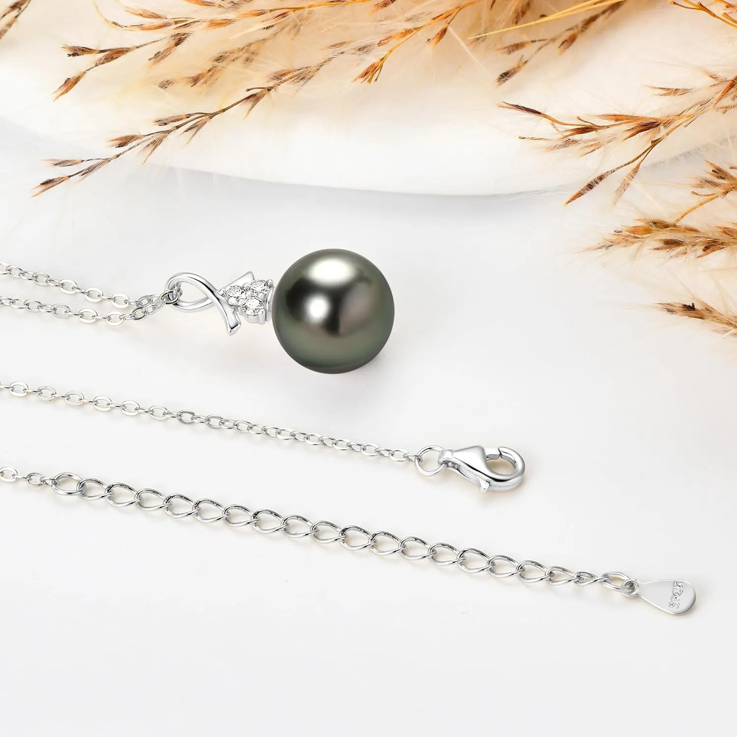 Tahitian Black Pearl Necklaces for Women, 925 Sterling Silver Single Pearl Pendant Necklace with Moissanite, Birthday Anniversary Jewelry Gifts for Wife Mom