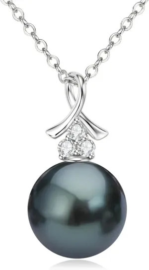 Tahitian Black Pearl Necklaces for Women, 925 Sterling Silver Single Pearl Pendant Necklace with Moissanite, Birthday Anniversary Jewelry Gifts for Wife Mom