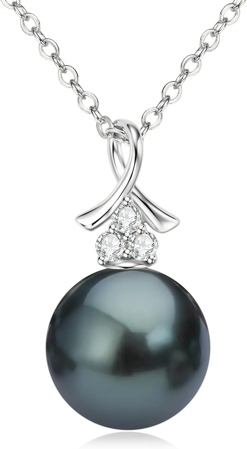 Tahitian Black Pearl Necklaces for Women, 925 Sterling Silver Single Pearl Pendant Necklace with Moissanite, Birthday Anniversary Jewelry Gifts for Wife Mom