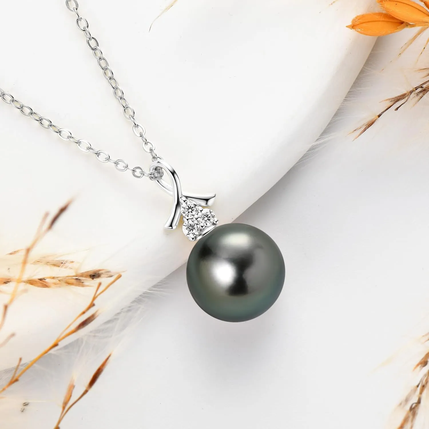 Tahitian Black Pearl Necklaces for Women, 925 Sterling Silver Single Pearl Pendant Necklace with Moissanite, Birthday Anniversary Jewelry Gifts for Wife Mom