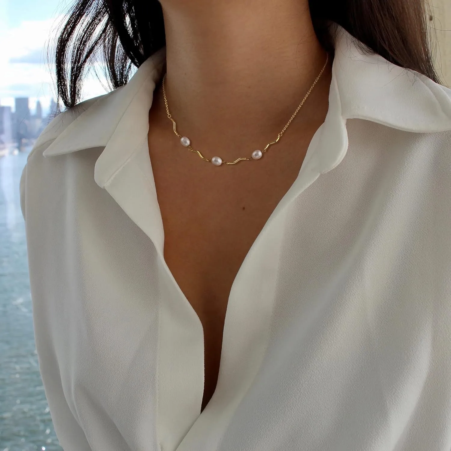Tewiky Pearl Necklaces for Women, Dainty Gold Necklace 14k Gold Plated Single Pearl Necklace Simple Pearl Choker Necklaces for Women Trendy Cute Gold Necklace Jewelry for Women