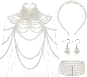 Tondiamo 4 Pcs Pearl Body Chain Bra Shoulder Necklaces Bracelet Earrings Headband Jewelry Set Women Party 1920s Accessories