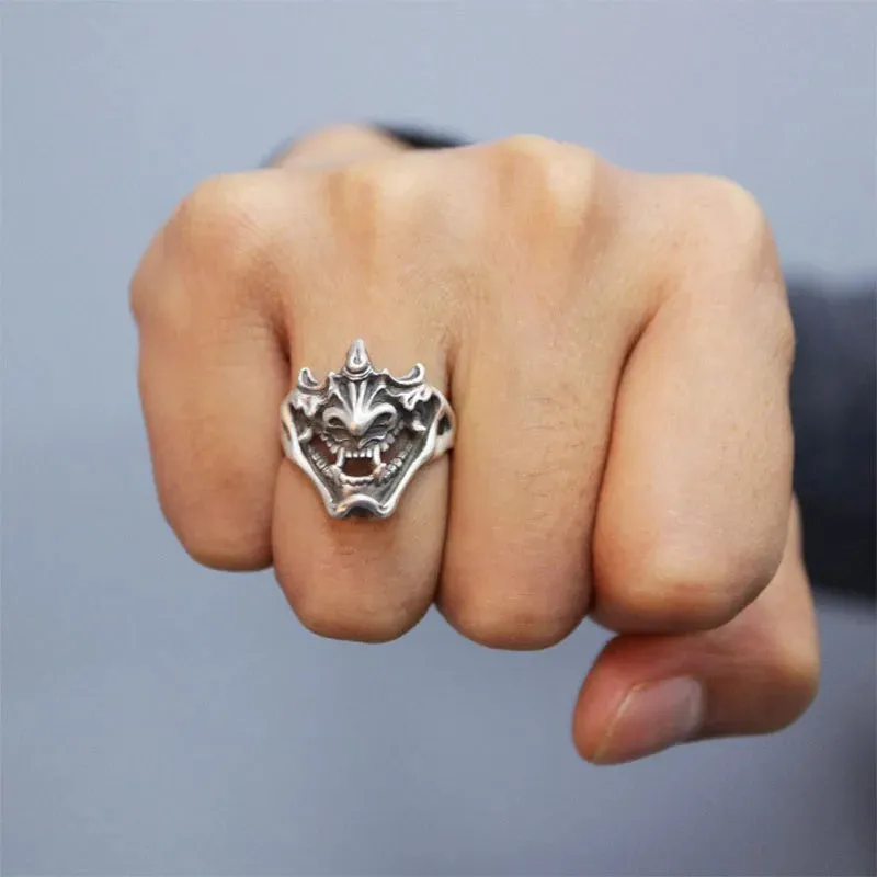 Trendy Creative Japanese Demon Samurai Rings For Men Gothic Punk Style Skeleton Open Thai Silver Ring Street Fashion Jewelry