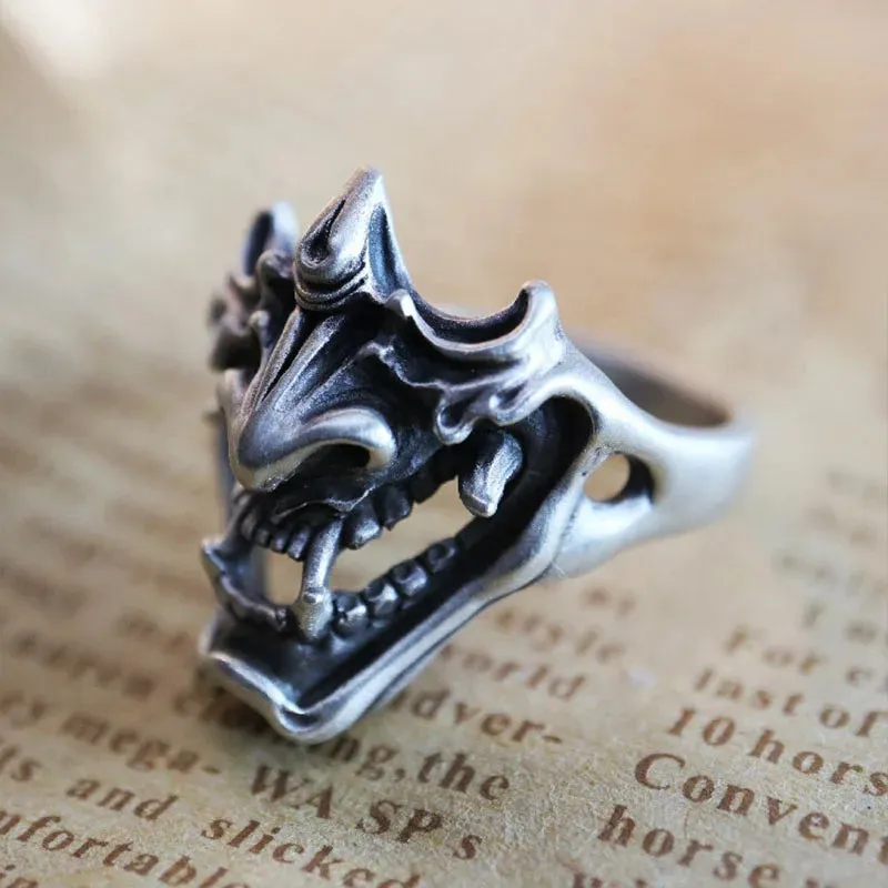 Trendy Creative Japanese Demon Samurai Rings For Men Gothic Punk Style Skeleton Open Thai Silver Ring Street Fashion Jewelry
