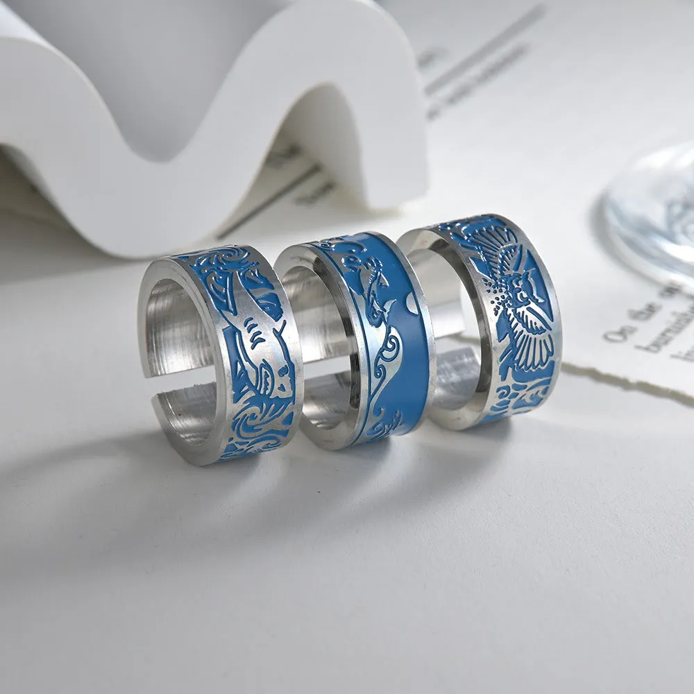 Trendy Titanium Steel Rings Set with Owl and Shark Motifs