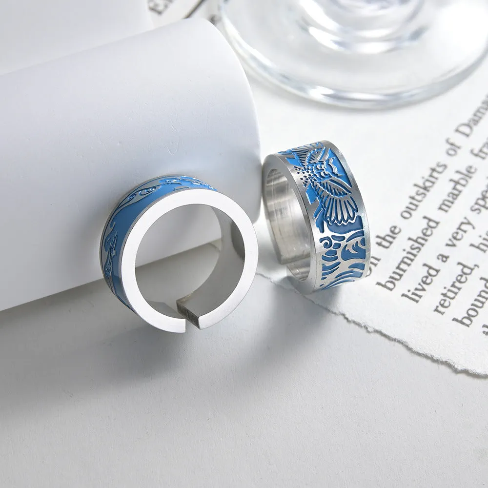 Trendy Titanium Steel Rings Set with Owl and Shark Motifs