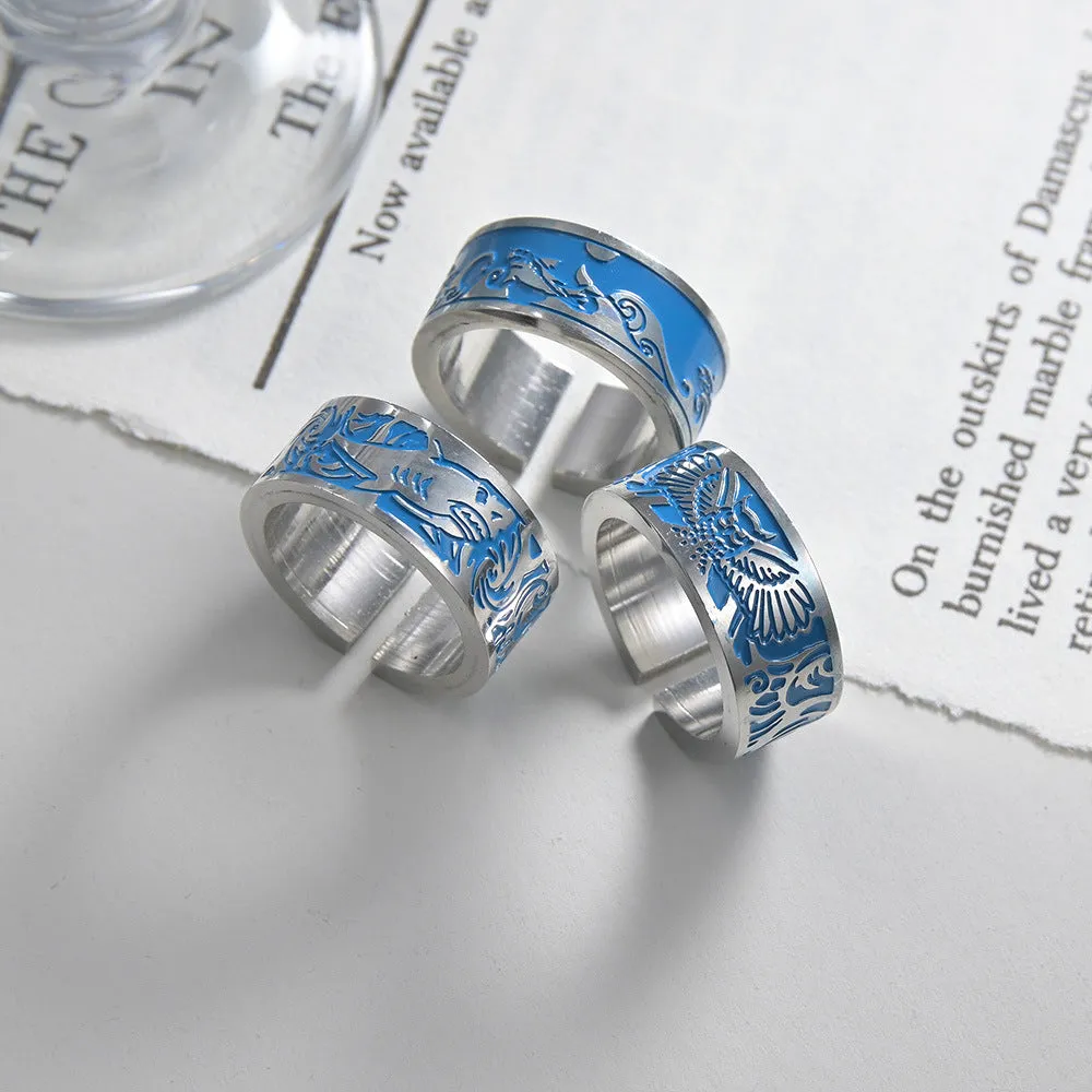 Trendy Titanium Steel Rings Set with Owl and Shark Motifs