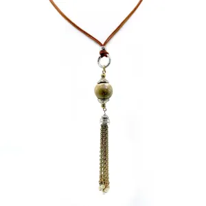 T.R.U. River Stone Gemstone Tan Wax Cotton Cord Gold Tassel Necklace 30"
