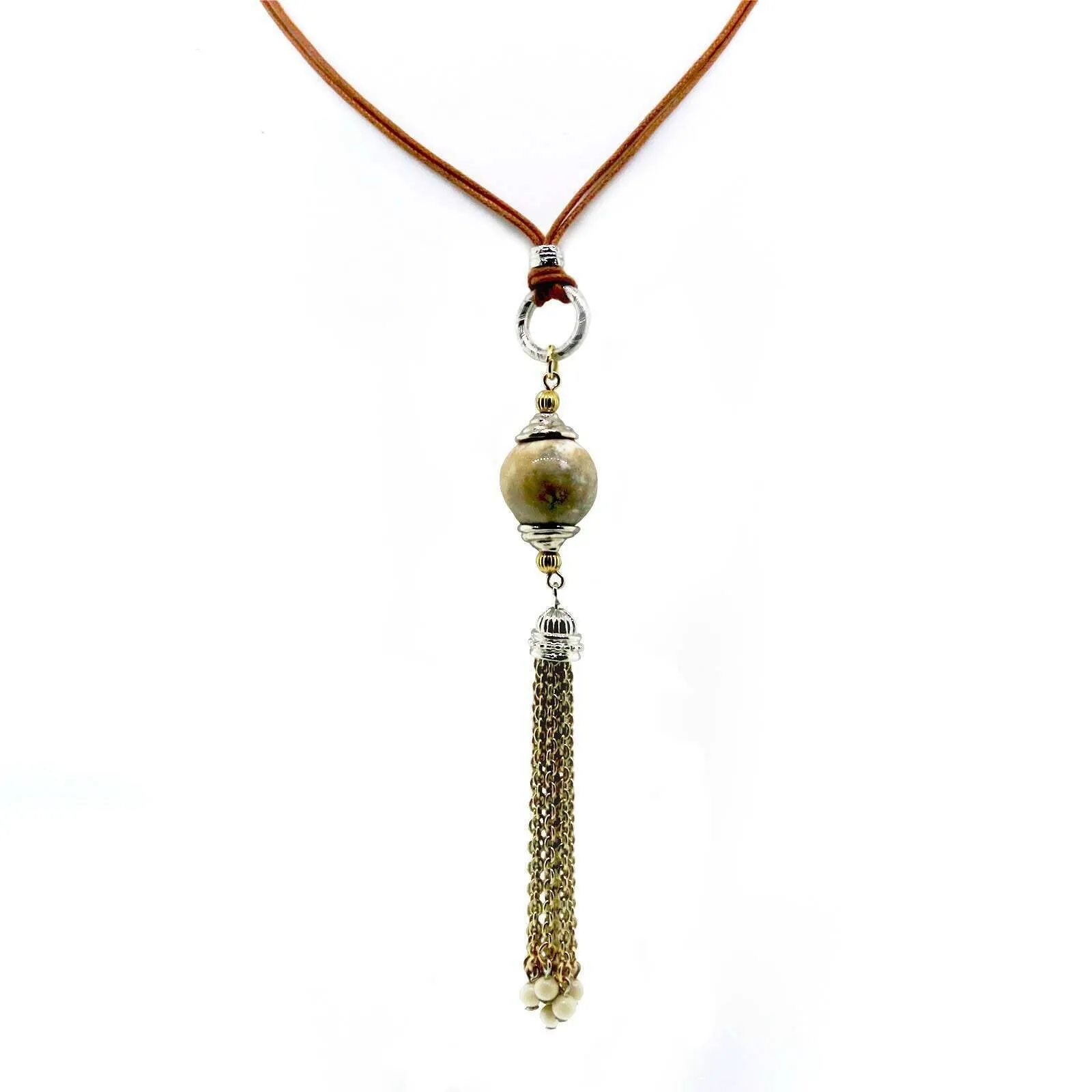 T.R.U. River Stone Gemstone Tan Wax Cotton Cord Gold Tassel Necklace 30"