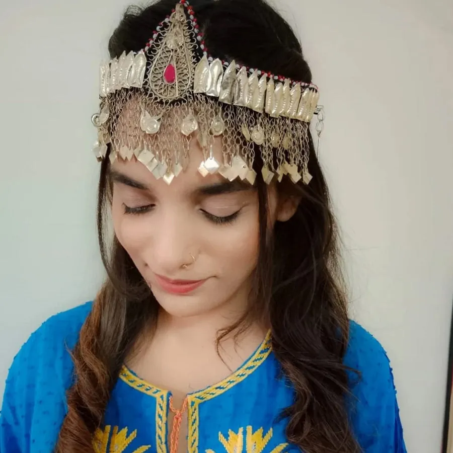 Turkmen Tribal Ethnic Headpiece With Pink Glass Teardrop Centre Matha Patti