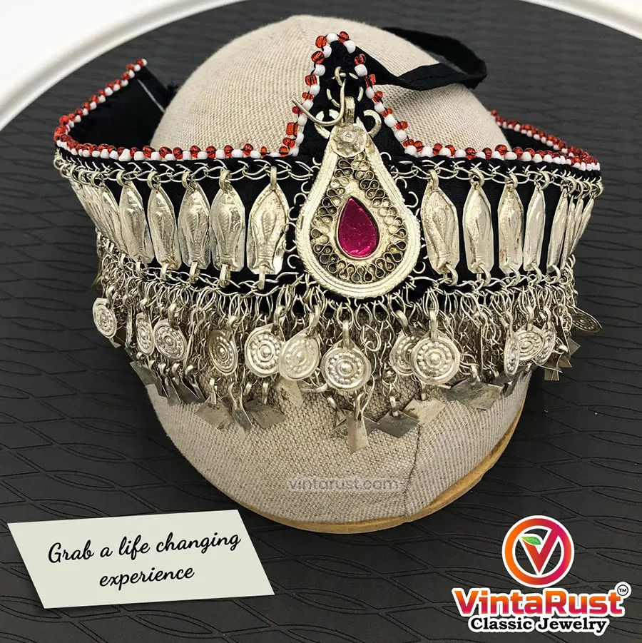 Turkmen Tribal Ethnic Headpiece With Pink Glass Teardrop Centre Matha Patti