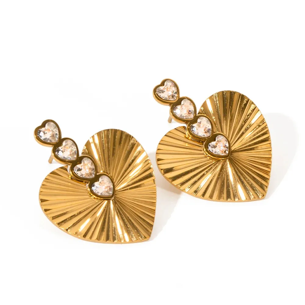 VAIGE Elegant Heart-Shaped White CZ Stud Earrings in Textured Stainless Steel