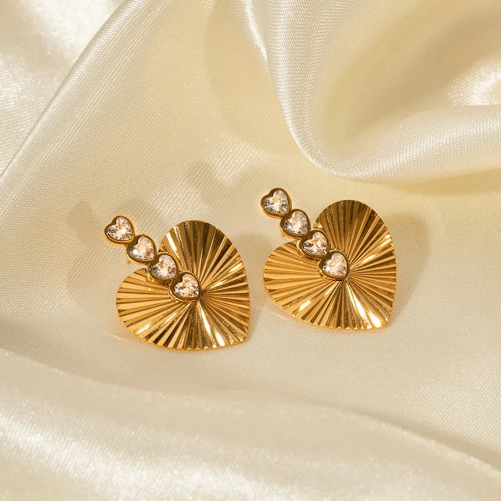 VAIGE Elegant Heart-Shaped White CZ Stud Earrings in Textured Stainless Steel