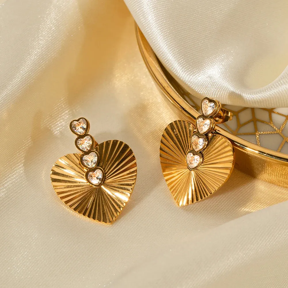 VAIGE Elegant Heart-Shaped White CZ Stud Earrings in Textured Stainless Steel