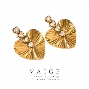 VAIGE Elegant Heart-Shaped White CZ Stud Earrings in Textured Stainless Steel