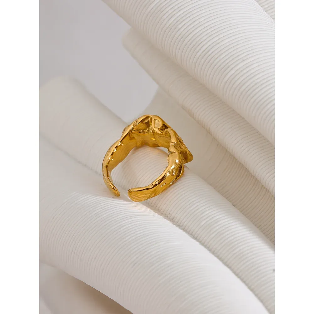 VAIGE Elegant Waterproof Stainless Steel Wide Ring with Gold Texture - Trendy Metal Jewelry Accessory