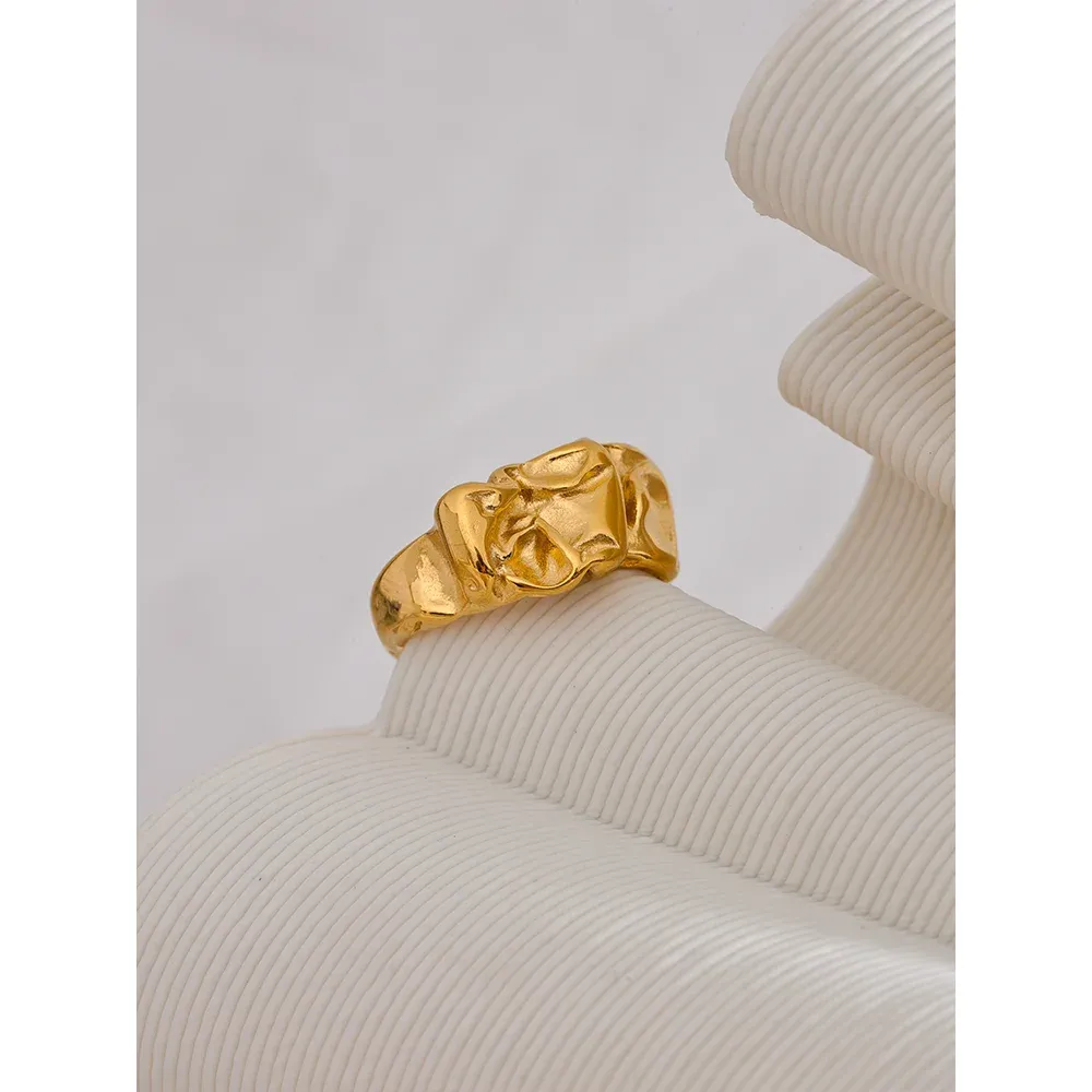 VAIGE Elegant Waterproof Stainless Steel Wide Ring with Gold Texture - Trendy Metal Jewelry Accessory