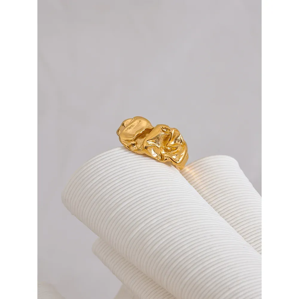 VAIGE Elegant Waterproof Stainless Steel Wide Ring with Gold Texture - Trendy Metal Jewelry Accessory