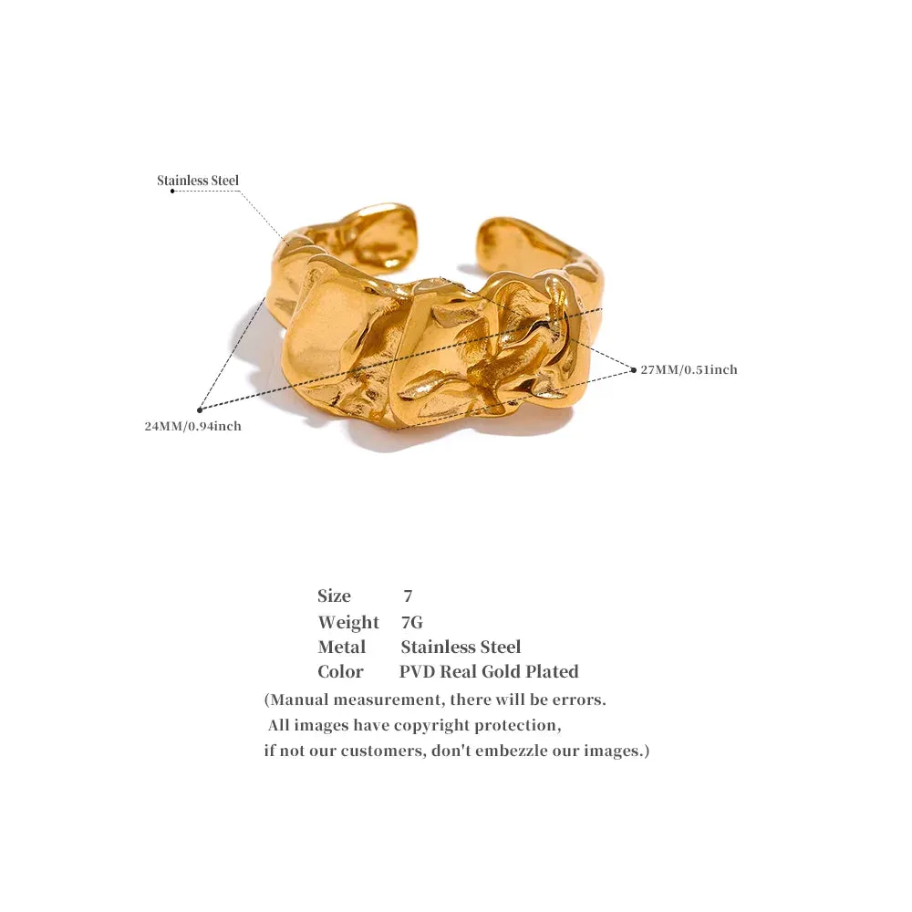 VAIGE Elegant Waterproof Stainless Steel Wide Ring with Gold Texture - Trendy Metal Jewelry Accessory