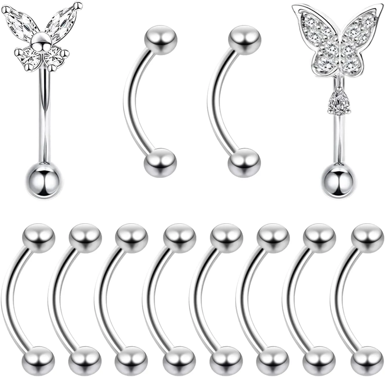 VERAMI 12PCS 16G Stainless Steel Eyebrow Stud Rings Curved Barbell Butterfly Daith Rook Earring Piercing Small Belly Rings Lip Piercing Bar Ring 10mm