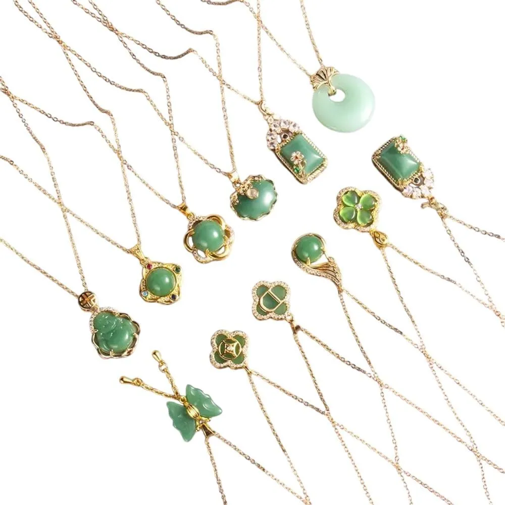 Vintage Imitation Jade Pendant Necklace Stainless Steel Chain Geometric Choker Collar Jewelry Party Gifts For Women PTPNU0991