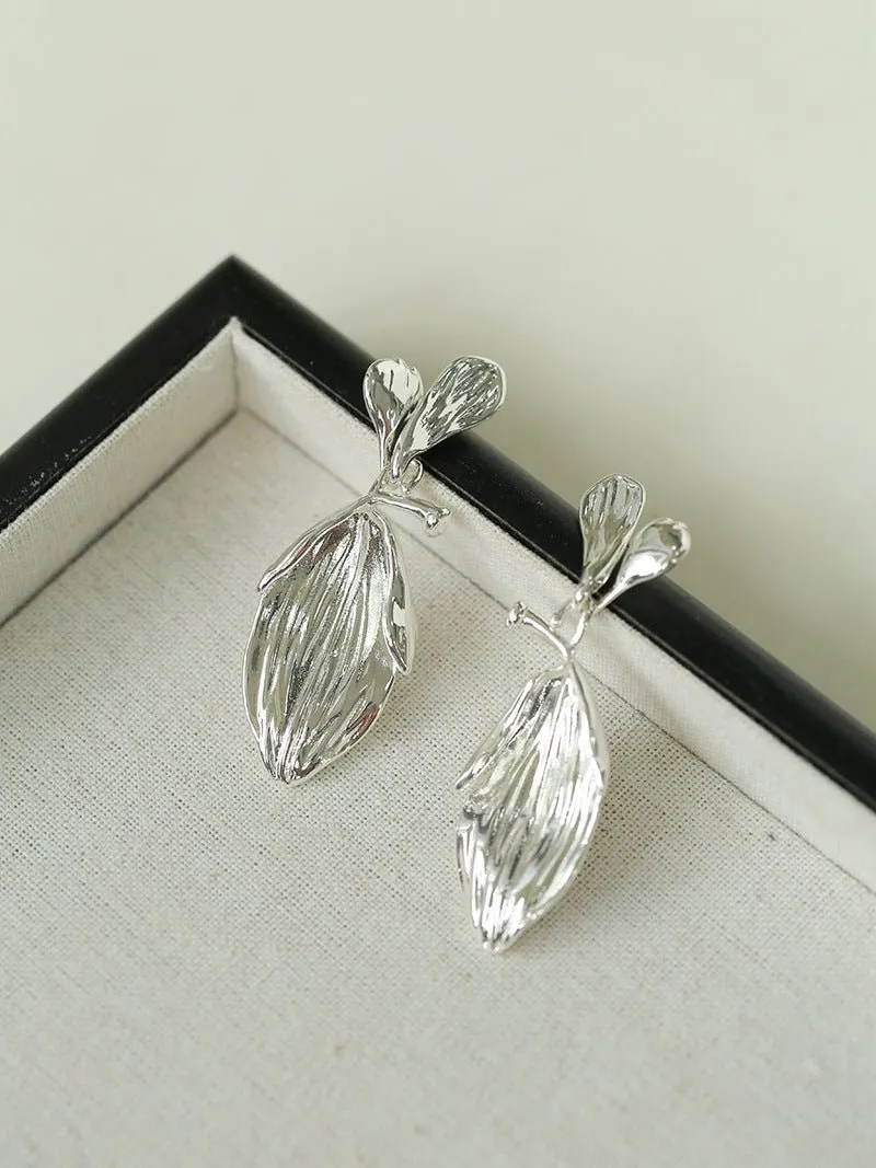Vintage Long Textured Leaf Drop Earrings