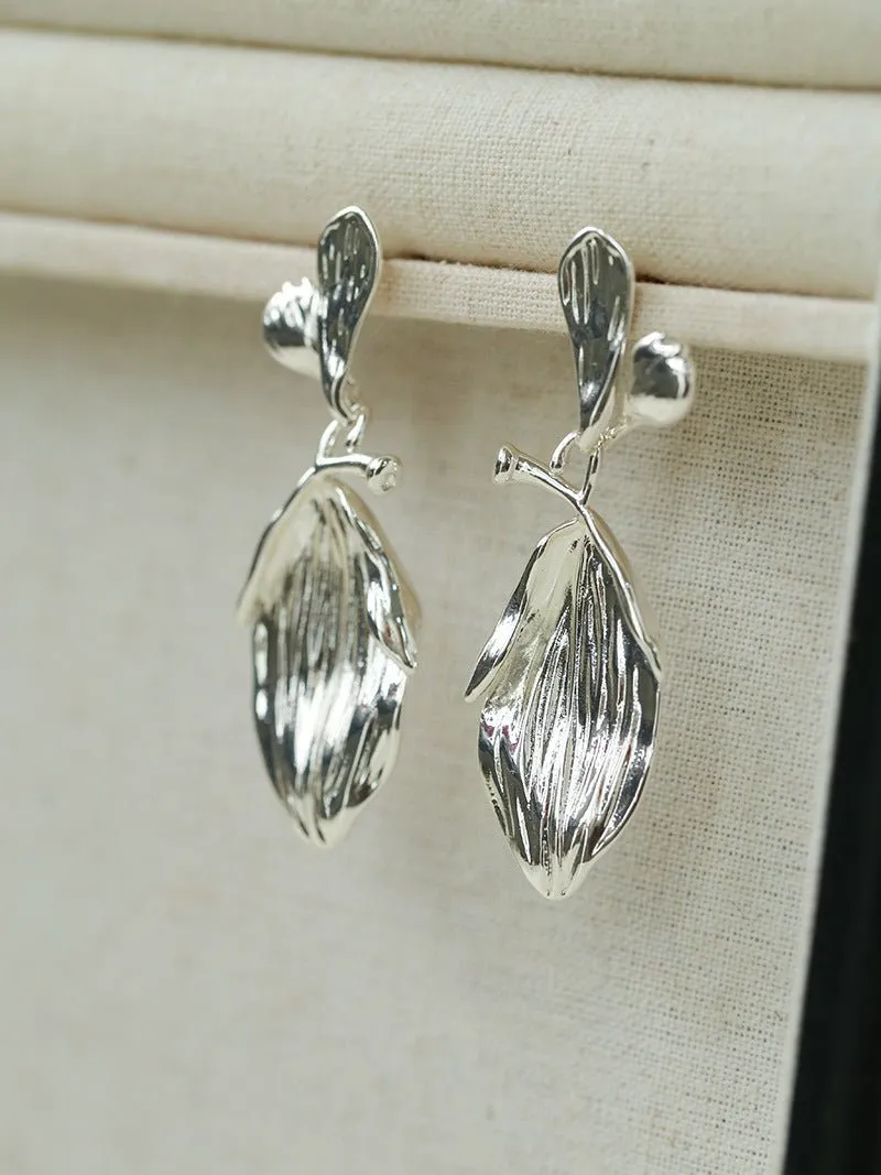 Vintage Long Textured Leaf Drop Earrings