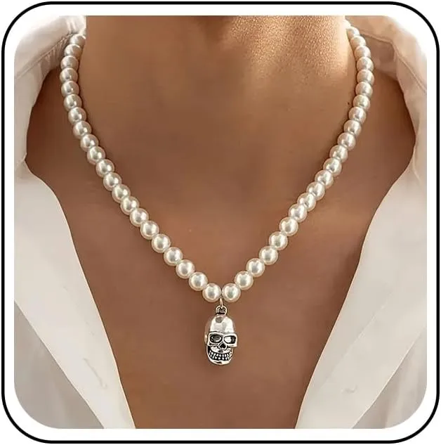 Vintage Pearl Beaded Choker Necklace Silver Skull Pendant Necklace Short Pearl Chain Necklaces Gothic Skeleton Head Necklaces Jewelry for Women