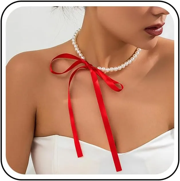 Vintage Pearl Ribbon Choker Necklace Black Ribbon Bow Necklace Round Pearl Long Bow Tie Up Necklaces Pearl Strand Collar Necklaces Jewelry for Women