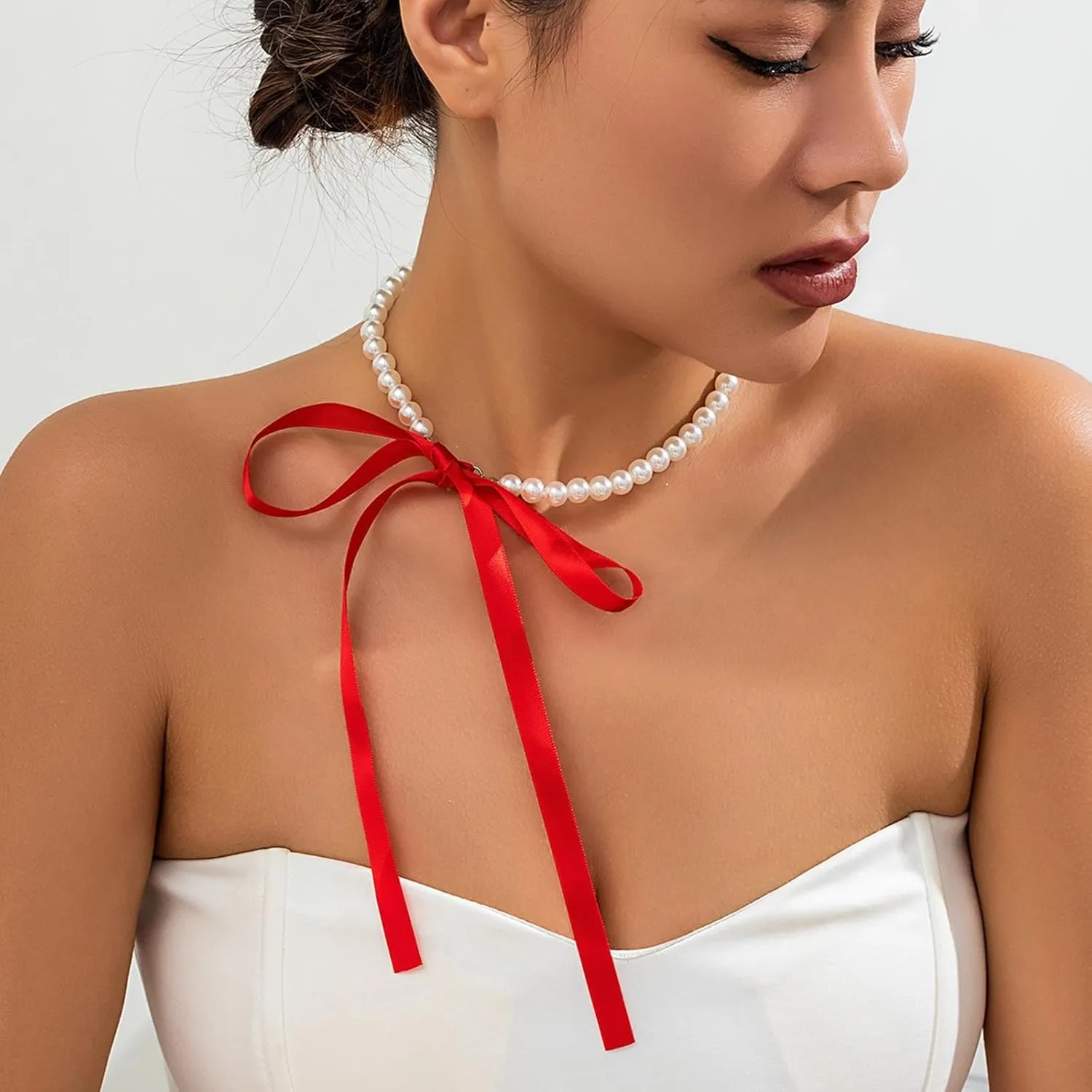 Vintage Pearl Ribbon Choker Necklace Black Ribbon Bow Necklace Round Pearl Long Bow Tie Up Necklaces Pearl Strand Collar Necklaces Jewelry for Women