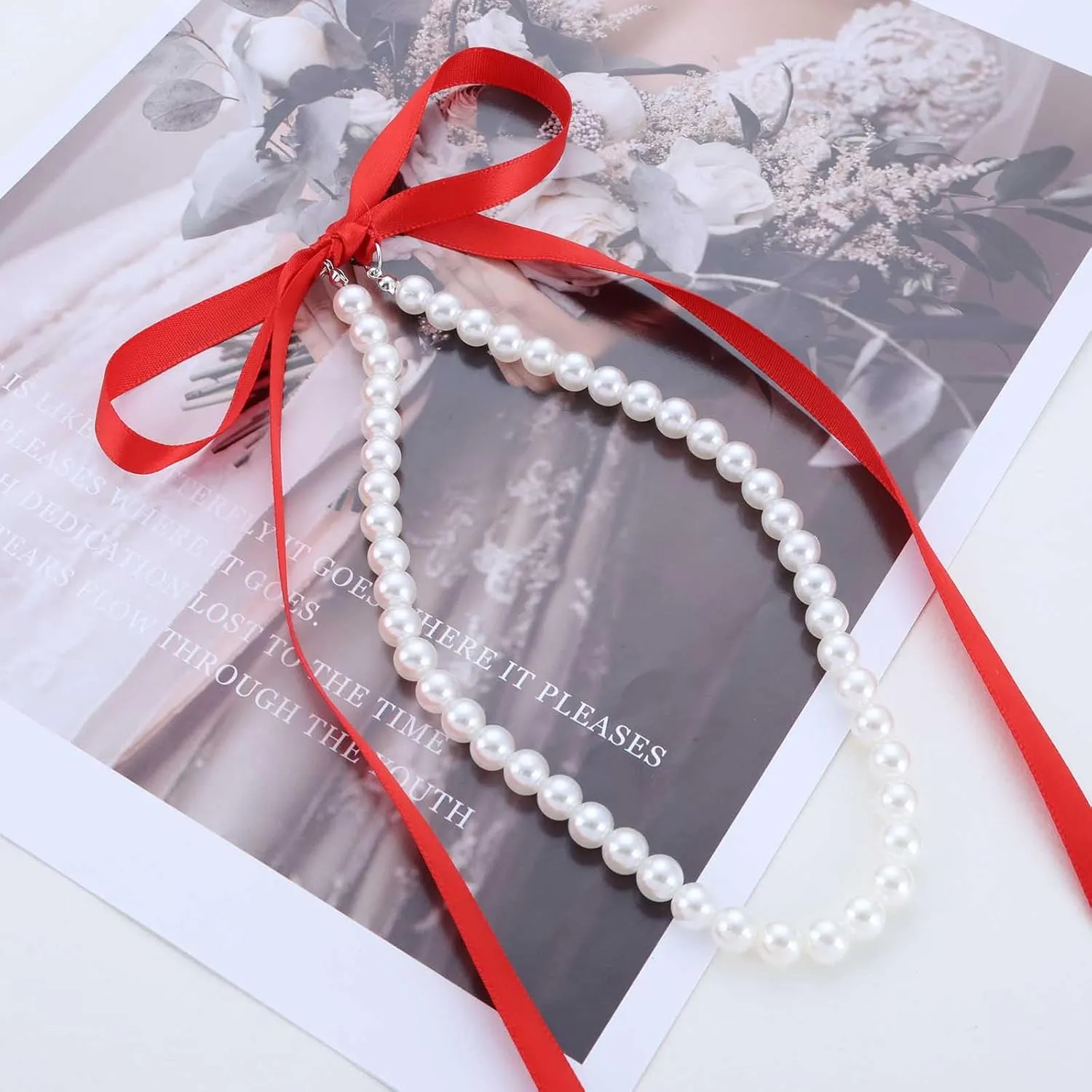 Vintage Pearl Ribbon Choker Necklace Black Ribbon Bow Necklace Round Pearl Long Bow Tie Up Necklaces Pearl Strand Collar Necklaces Jewelry for Women