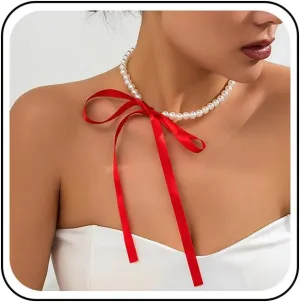 Vintage Pearl Ribbon Choker Necklace Black Ribbon Bow Necklace Round Pearl Long Bow Tie Up Necklaces Pearl Strand Collar Necklaces Jewelry for Women