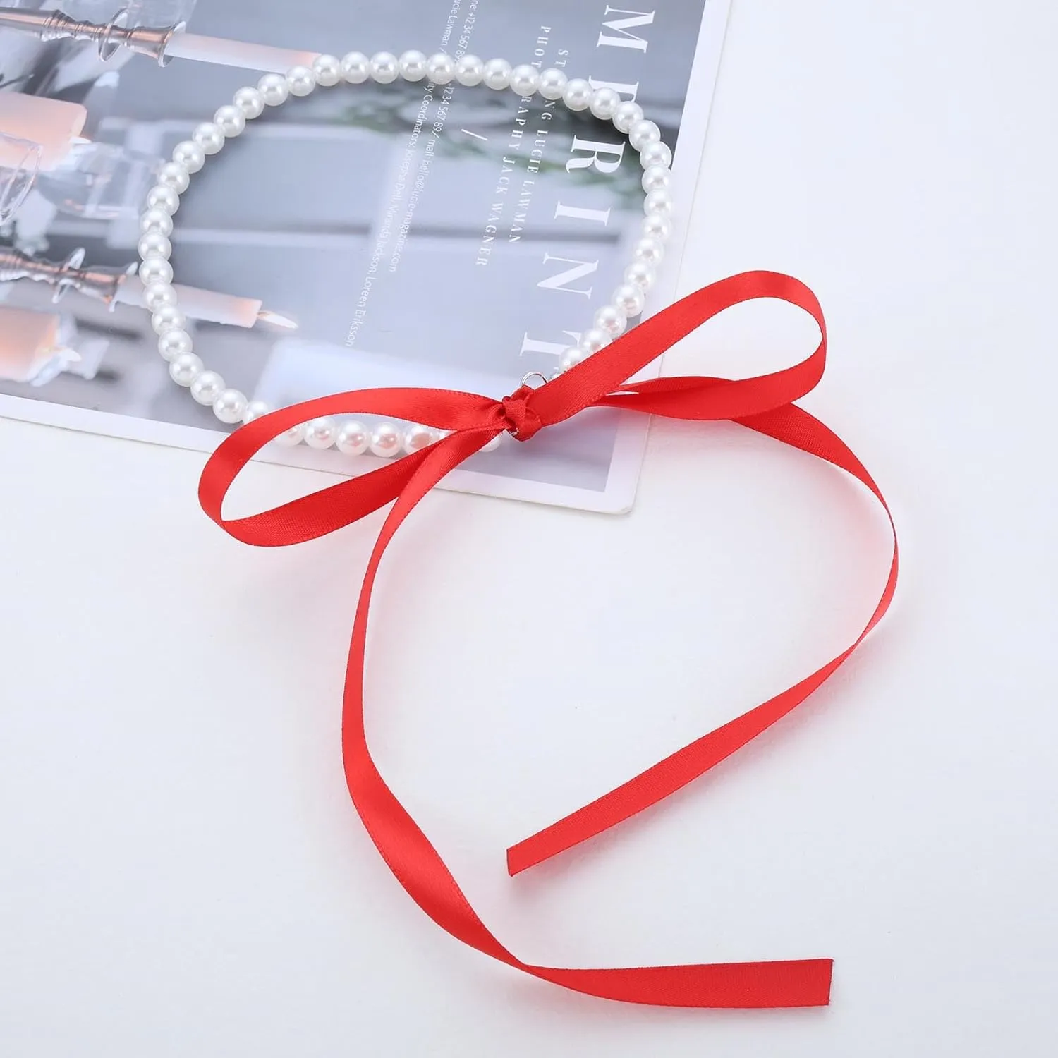 Vintage Pearl Ribbon Choker Necklace Black Ribbon Bow Necklace Round Pearl Long Bow Tie Up Necklaces Pearl Strand Collar Necklaces Jewelry for Women