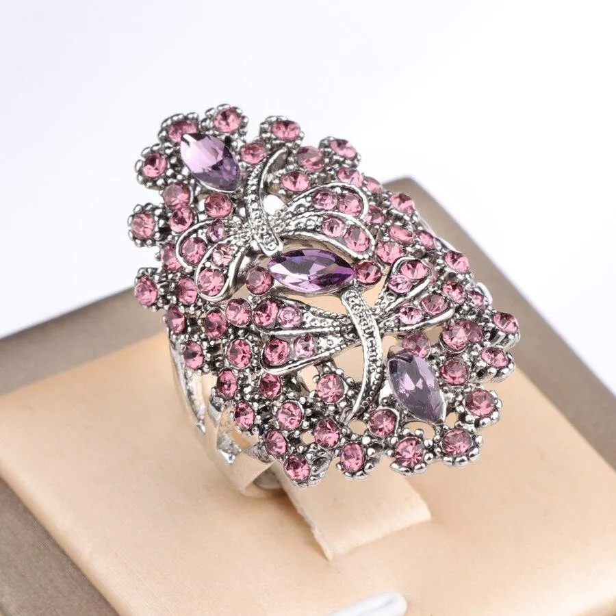 Vintage Rhinestone Dragonfly Hollow Big Ring