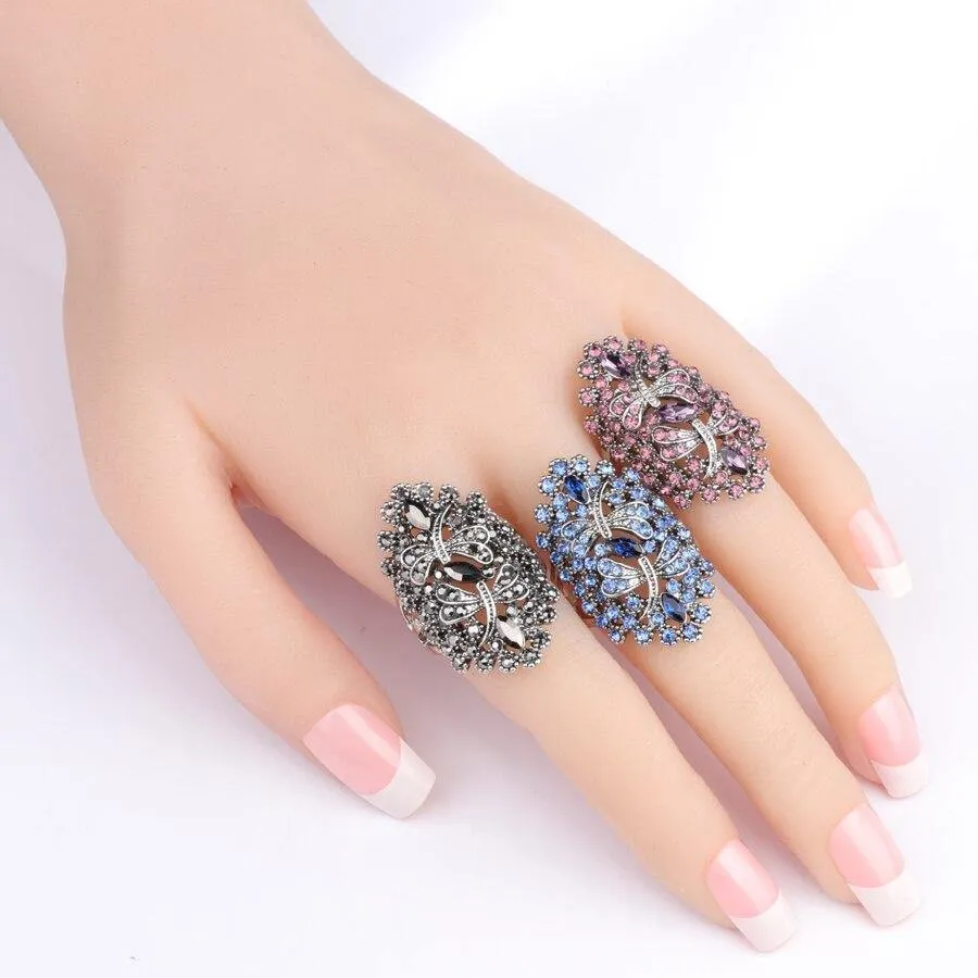 Vintage Rhinestone Dragonfly Hollow Big Ring