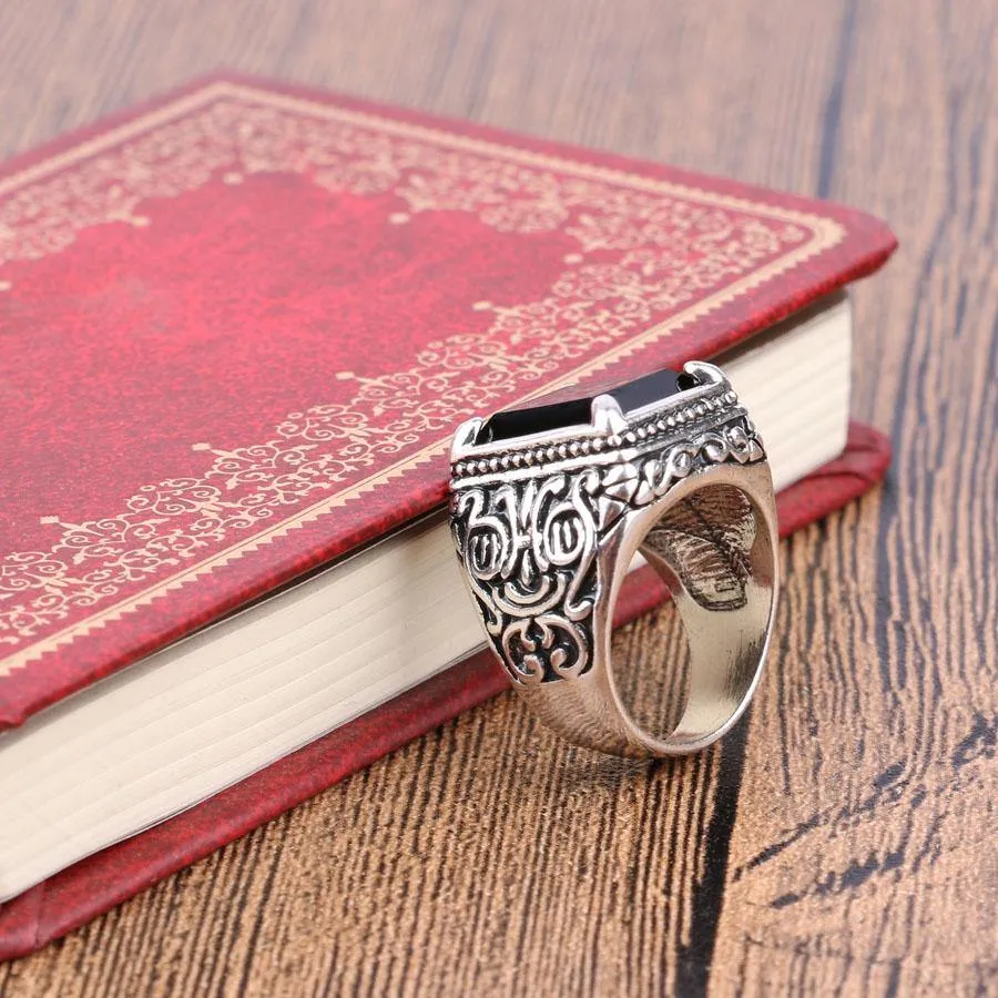 Vintage Textured Square Black Stone Signet Ring