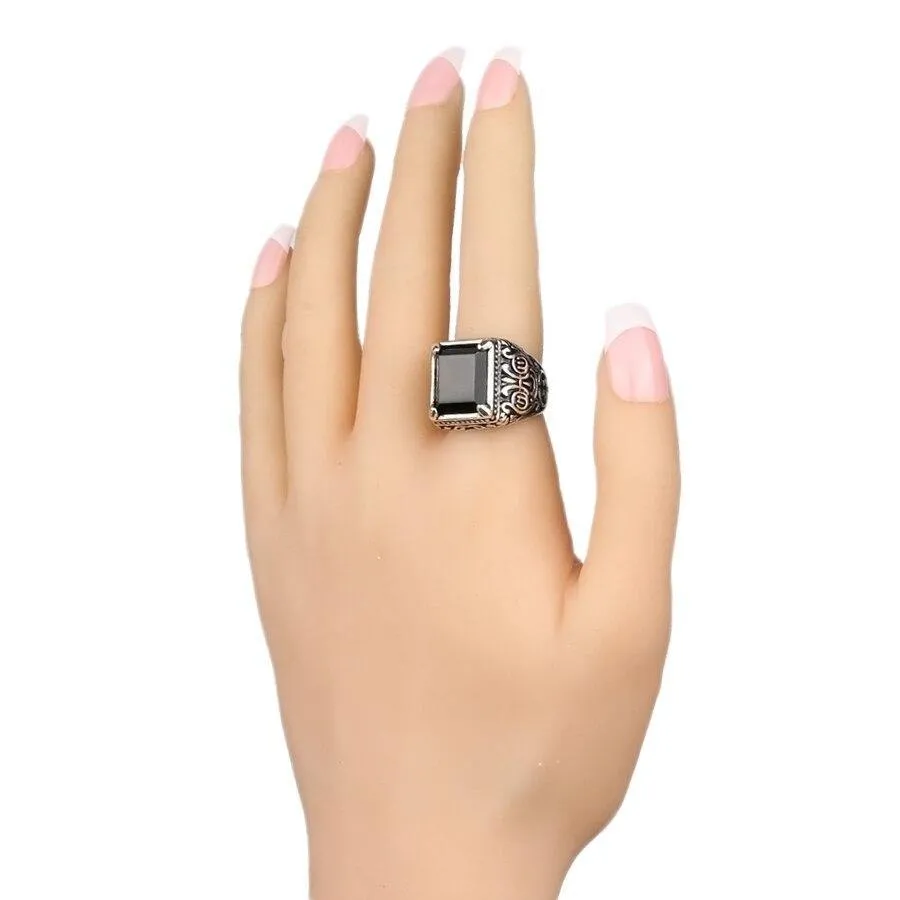 Vintage Textured Square Black Stone Signet Ring