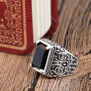 Vintage Textured Square Black Stone Signet Ring