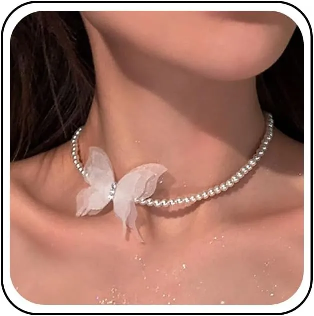 Vintage White Lace Butterfly Choker Necklace Pearl Strand Collar Necklace White Cz Butterfly Tulle Lace Necklaces Round Pearl Necklaces Chain Jewelry for Women
